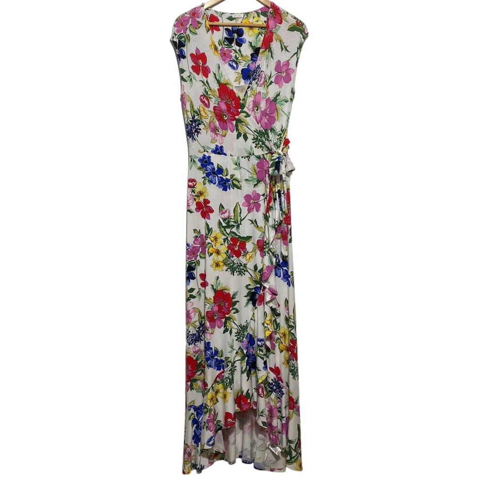 Spense Dress Maxi White Floral Print Sleeveless Hi Lo Ruffle Hem Faux Wrap
